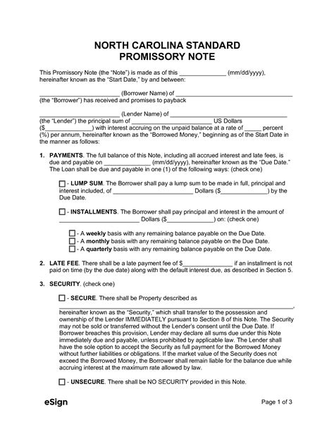 Promissory Note Template Nc
